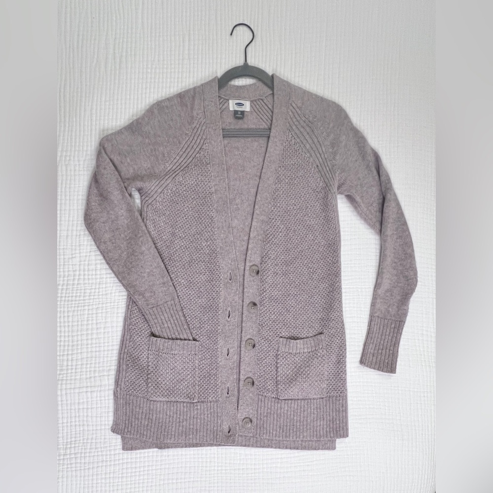 OLD NAVY LONG OPEN CARDIGAN - BUTTONS AND POCKETS - Oatmeal, women’s size XS